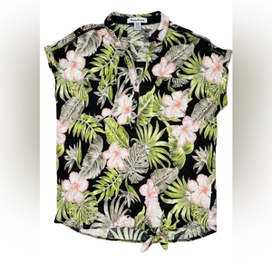 Tommy Bahama Women's Short Sleeve Shirt Size M Black Green Floral Collared Linen
